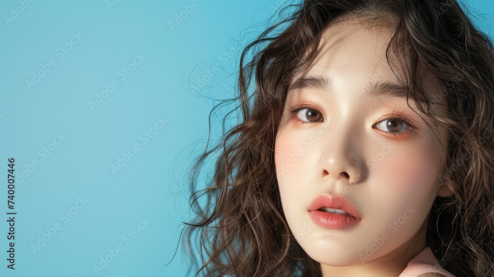 Young Asian beauty woman curly long hair with korean makeup style on face and perfect clean skin on isolated blue background. Young Asian beauty woman curly long hair with korean makeup style on face and perfect clean skin on isolated blue background.