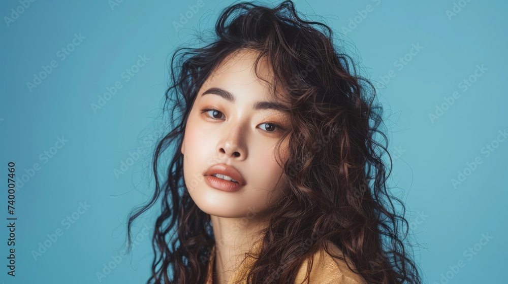 Naklejka premium Young Asian beauty woman curly long hair with korean makeup style on face and perfect clean skin on isolated blue background.
