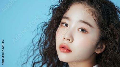 Young Asian beauty woman curly long hair with korean makeup style on face and perfect clean skin on isolated blue background.