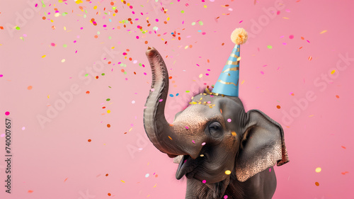 An elephant in a festive mood, donning a striped party hat and surrounded by colorful confetti against a soft pink background, creates a playful and joyous scene