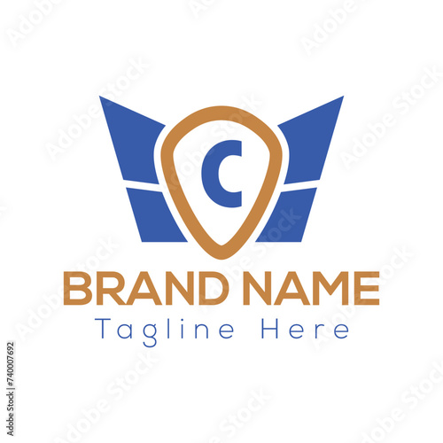 Wing Logo On Letter C Template. Wing On C Letter, Initial Wing Sign Concept Template 
