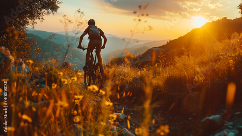 A mountain biker enjoys a serene ride through a wildflower meadow at sunset, with the golden light of the dying sun casting a warm glow over the tranquil landscape