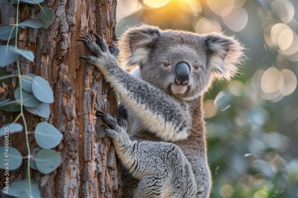Fototapeta premium A koala lazily clinging to a eucalyptus tree, with a dreamy backdrop of the Australian bush