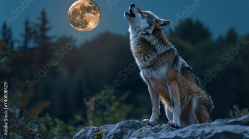 A lone wolf howling on a rocky cliff under the full moon, night sky backdrop,