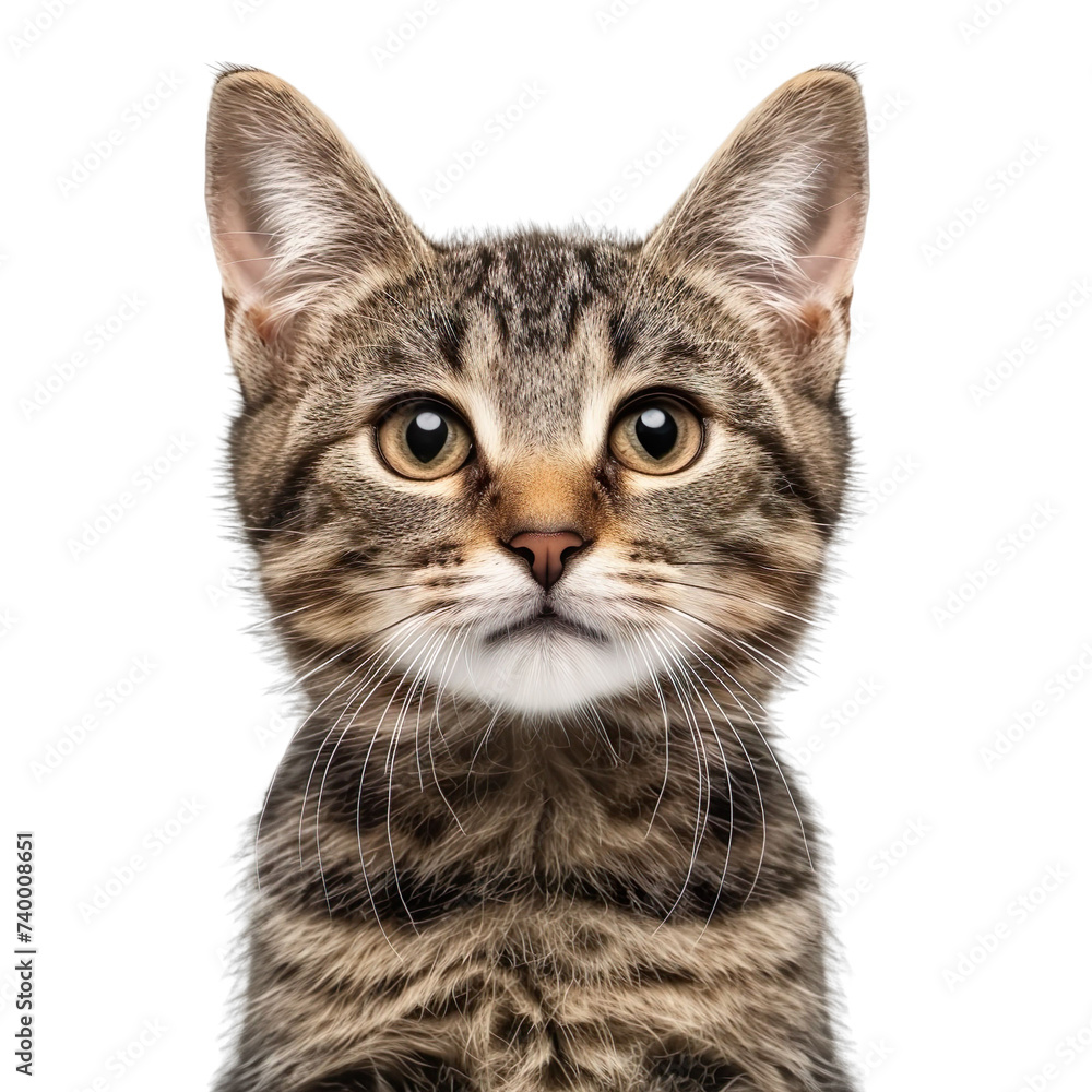 front view close up of a Pixiebob cat face isolated on a white transparent background 