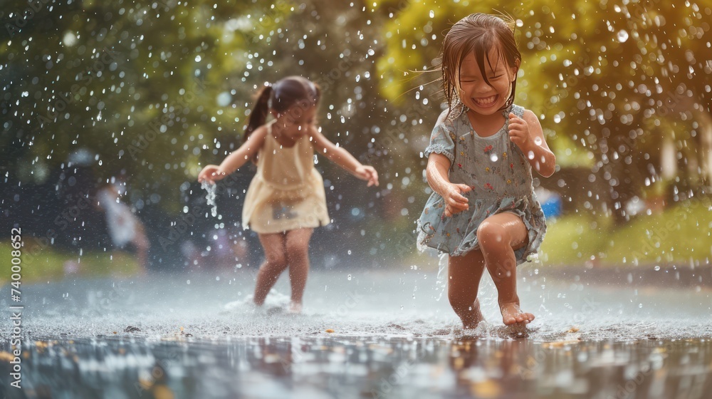 Happy kids playing in the rain, playing on the nature outdoors.