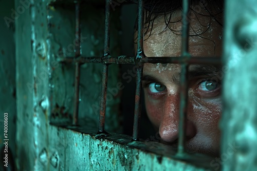 Man's face in window of prison cell. Generative AI