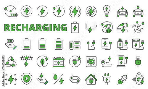Recharging icons in line design, green. Recharging, battery, icon, charger, power, energy, electric, plug, adapter, station, isolated on white background vector. Recharging editable stroke icons.