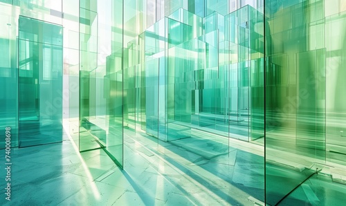 Green glass corridor exposition in art gallery to show the play of light as background