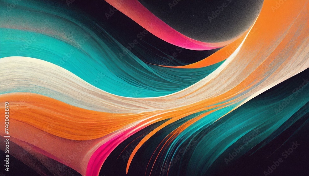 Vibrant VHS style orange pink teal white psychedelic grainy gradient color flow wave on black background, music cover dance party poster design. Retro Colors from the 1970s 1980s, 70s, 80s, 90s style - obrazy, fototapety, plakaty 