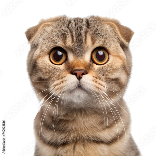 front view close up of a Scottish Fold cat face isolated on a white transparent background 