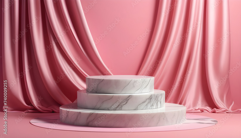 abstract 3d podium with marble texture and pink curtains