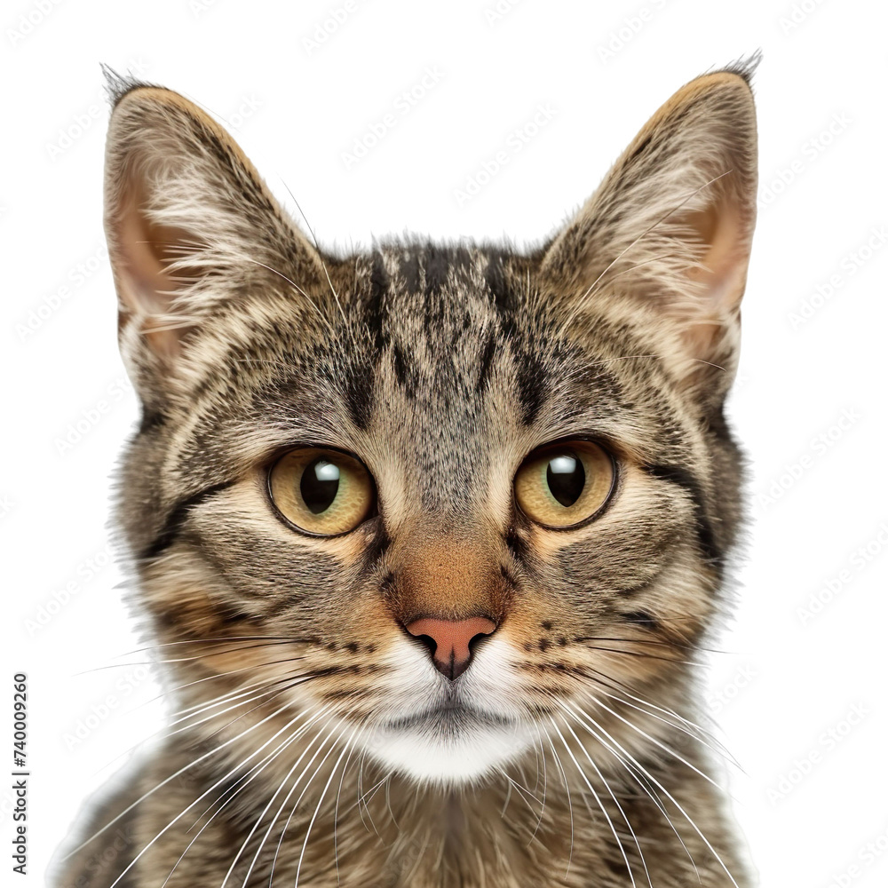 front view close up of a Sokoke cat face isolated on a white transparent background front view close up of a Sokoke cat face isolated on a white transparent background