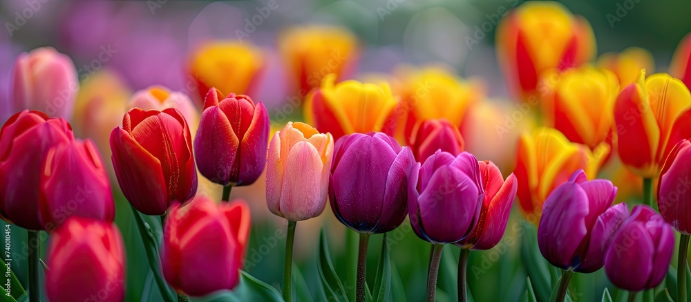 A stunning display of colorful tulips in a field, set against a beautifully blurry background. A stunning display of colorful tulips in a field, set against a beautifully blurry background.