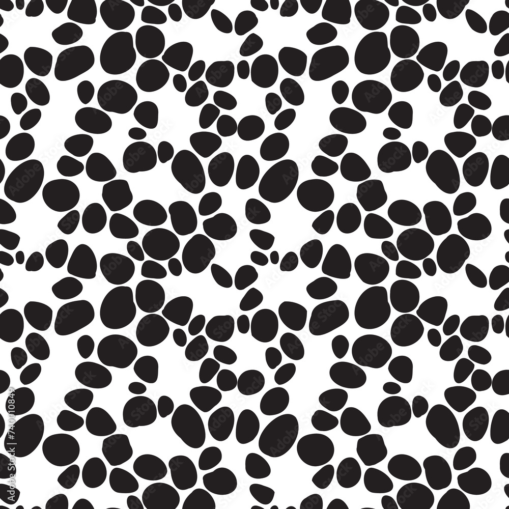Pebble like black spots arranged in seamless pattern. Black stones repeated on white background, resembling road paved with cobblestones. Creative texture for printing or use in graphic design. Pebble like black spots arranged in seamless pattern. Black stones repeated on white background, resembling road paved with cobblestones. Creative texture for printing or use in graphic design.