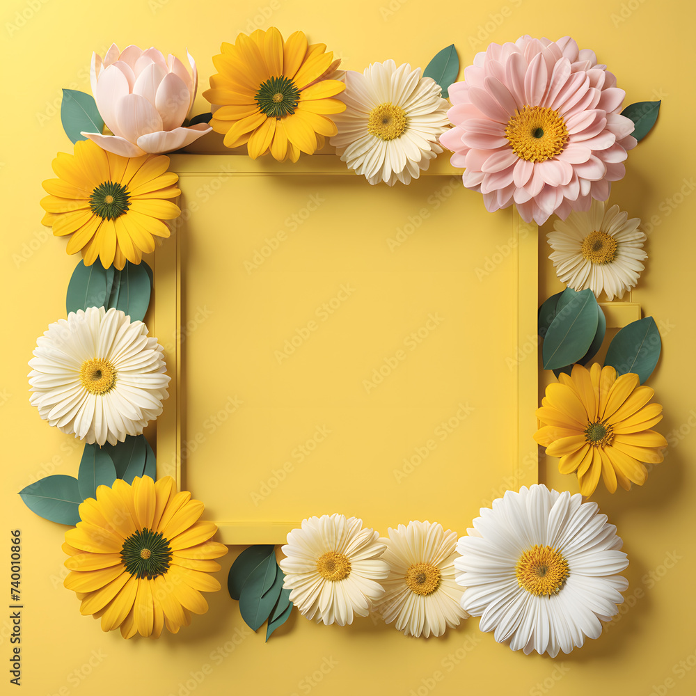 Obraz premium Yellow Background with 3D Beauty Flower Frame Template. Simple Design for Mother's Day and Women's Day Greeting Card.