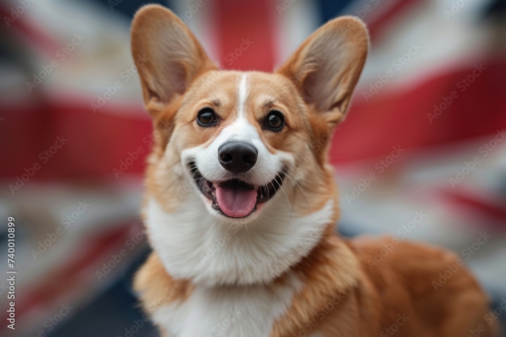 Brown and White Dog Standing in Front of British Flag Brown and White Dog Standing in Front of British Flag