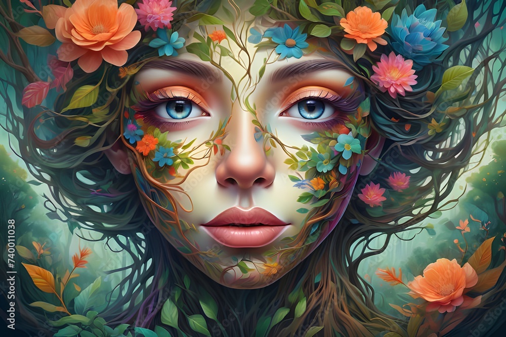 Surreal portrait: A woman's face formed by vibrant flowers, leaves, and vines, capturing the beauty of nature's intricate fusion.