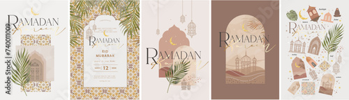 Ramadan Kareem. Eid Mubarak. Vector aesthetic illustration of crescent moon, mosque, lantern, window, frame, background, ornament, tropical leaf for greeting card, invitation or poster in beige muted 