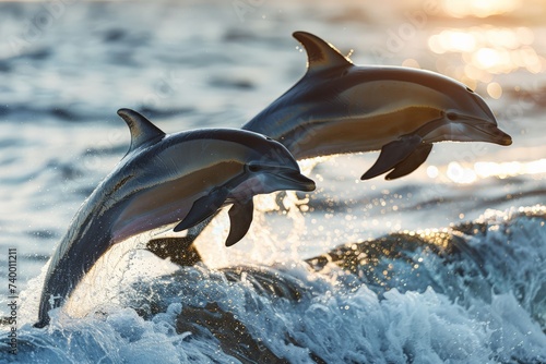 A pair of dolphins leaping joyfully from the ocean waves at dawn, symbolizing freedom and playfulness © arhendrix