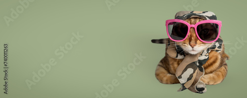 Funny cat in pink glasses and a summer scarf photo