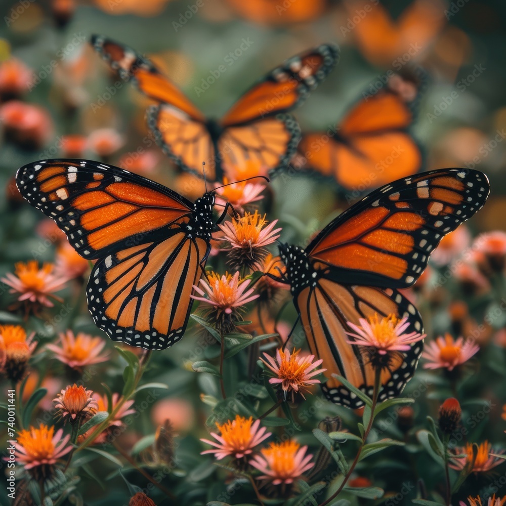 Obraz premium Beautiful monarch butterflies resting on a bed of flowers, representing transformation.