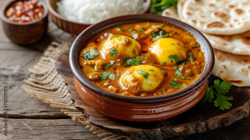 A serving of egg curry presented in a traditional bowl, served alongside steamed rice and warm flatbread, offering a classic and comforting meal.