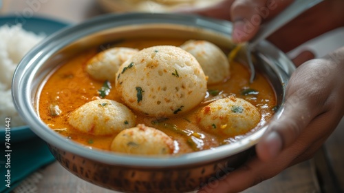 Hands holding a bowl of sambar with idli in it - a traditional South Indian meal for breakfast photo