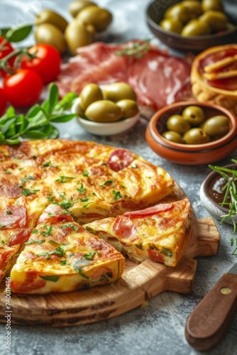 The Spanish tortilla as part of a tapas spread. Tortilla slices with other Spanish appetizers like olives and cured meats