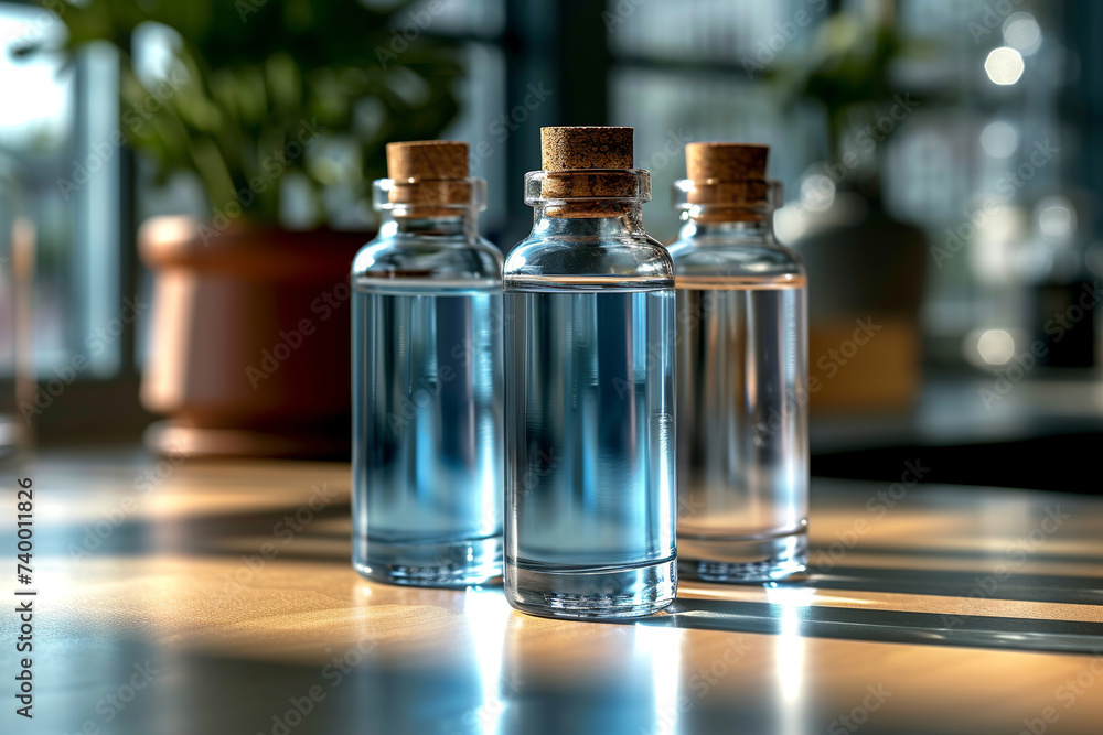 Three bottles with corks stood neatly on the table. An aesthetic painting of three glass vessels skillfully crafted from sealed cork. Mockup. Blurred background with three small transparent containers Three bottles with corks stood neatly on the table. An aesthetic painting of three glass vessels skillfully crafted from sealed cork. Mockup. Blurred background with three small transparent containers