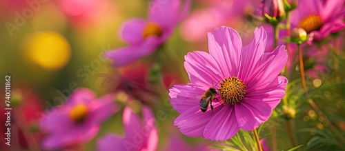 A bee is delicately resting on a vibrant pink flower in a lush garden. © AkuAku
