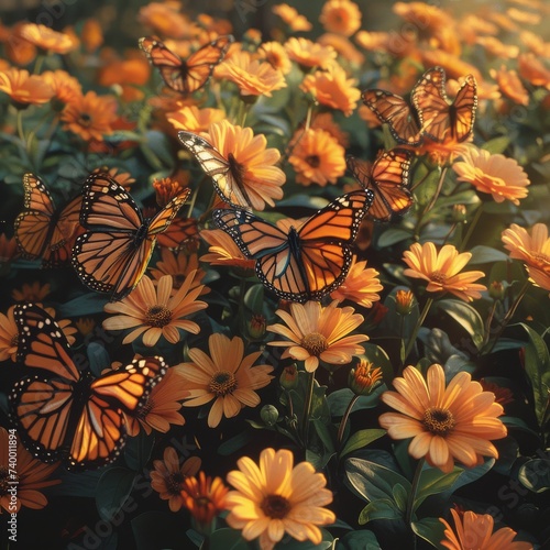 Beautiful monarch butterflies resting on a bed of flowers  representing transformation.