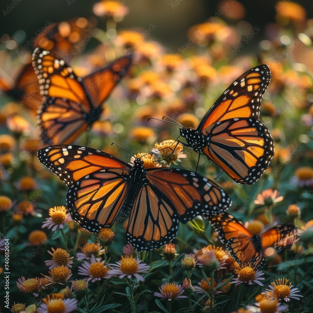 Obraz premium Beautiful monarch butterflies resting on a bed of flowers, representing transformation.