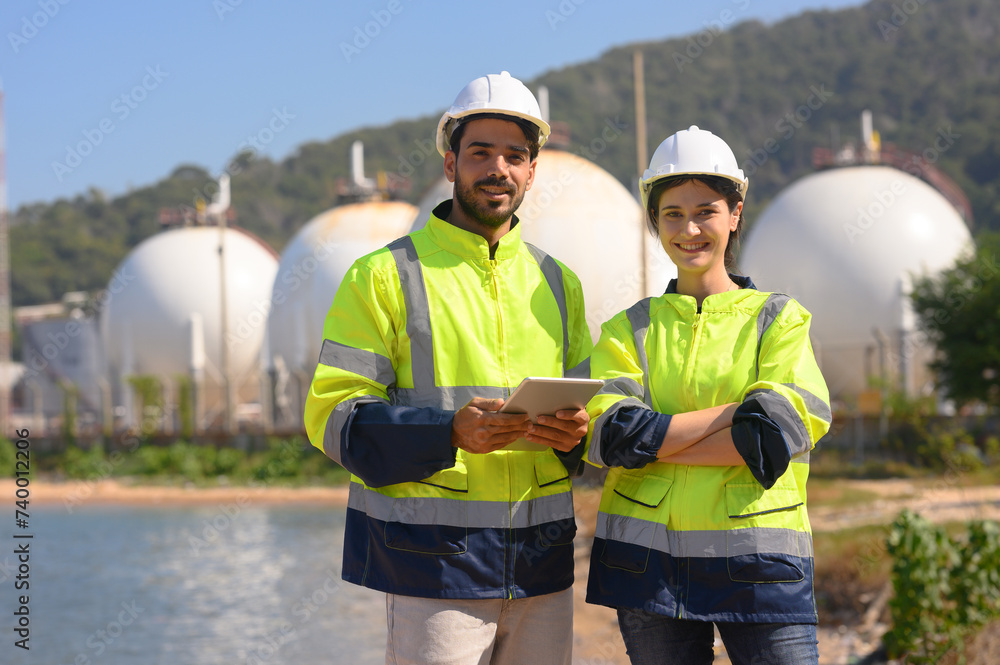 Two chemical engineers consult to prepare a work plan for a refinery ...