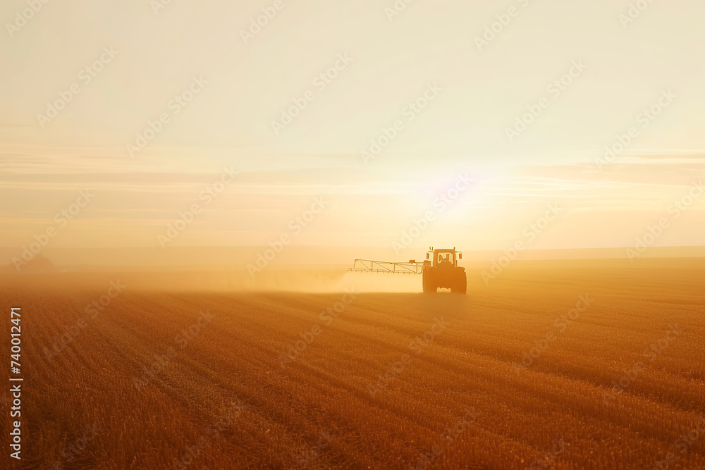 A tractor sprays insecticides on a wheat field. Spring agricultural landscape. In spring, a tractor sprays fertilizers and chemicals onto the soil. Farmer with tractor and agricultural sprayer