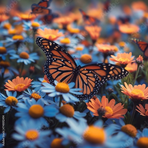 Beautiful monarch butterflies resting on a bed of flowers, representing transformation. © Nico