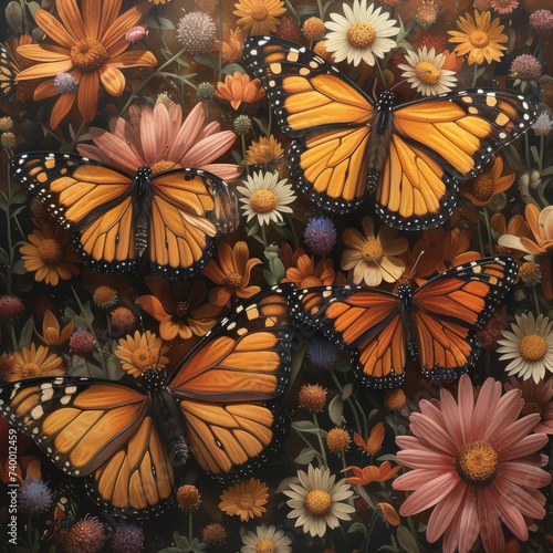 Beautiful monarch butterflies resting on a bed of flowers, representing transformation.
