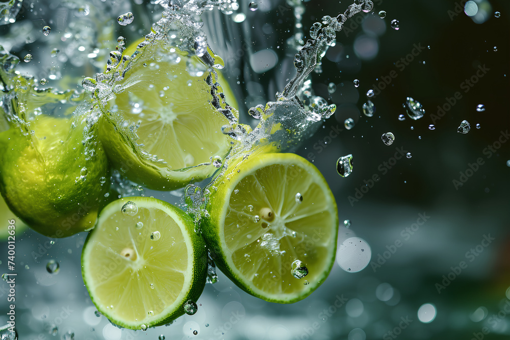 Vivid green lemon slices cascade into clear water, forming a mesmerizing display of intricate beauty and unparalleled freshness. Vivid green lemon slices cascade into clear water, forming a mesmerizing display of intricate beauty and unparalleled freshness.
