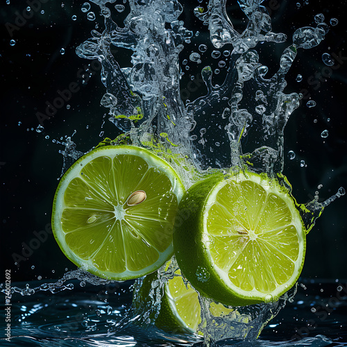 Vivid green lemon slices cascade into clear water, forming a mesmerizing display of intricate beauty and unparalleled freshness.