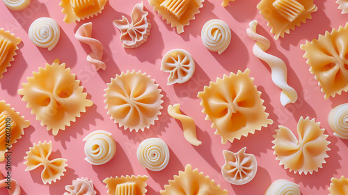 Assorted Pasta Shapes on Pink Background