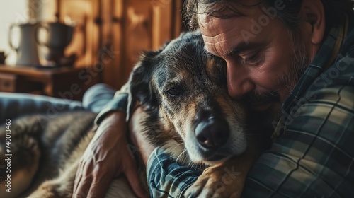 An adult man hugs his elderly dog. A cozy home photo with dog owner.
