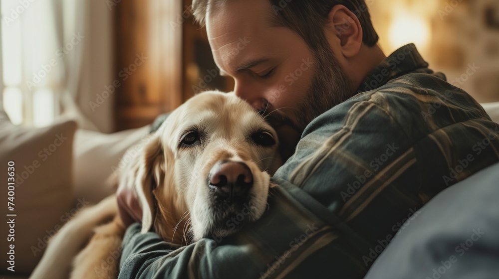 A bearded man hugs his elderly Golden Retriever dog. A cozy home photo with a dog owner. A bearded man hugs his elderly Golden Retriever dog. A cozy home photo with a dog owner.