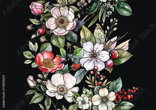 Boutonniere of wild rose flowers and berries Seamless pattern, background. Outline hand drawing vector illustration. In botanical style