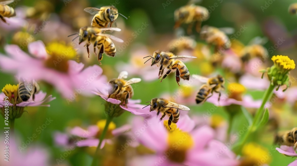 A swarm of bees busily pollinating spring flowers,