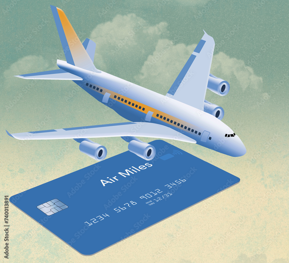 An air miles reward credit card is seen isolated on a sky background with an airliner in a 3-d illustration about frequent flyer rewards.