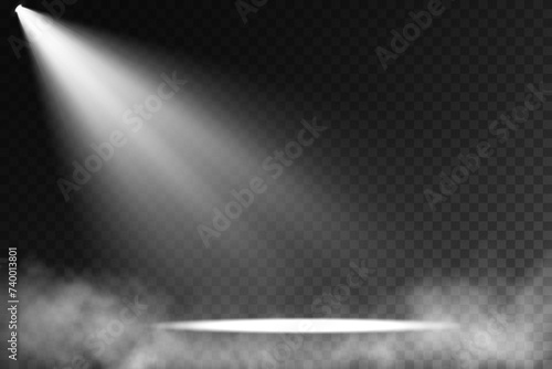 Dark stage on transparent background, neon light from spotlight, empty dark stage and studio room with soaring smoke. For product demonstrations.	