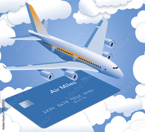 An air miles reward credit card is seen isolated on a blue background with an airliner in a 3-d illustration about frequent flyer rewards.
