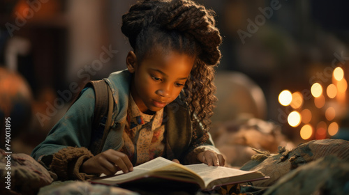 Student little girl reading with a book indoors with lights on background