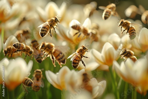A swarm of bees busily pollinating spring flowers, © arhendrix