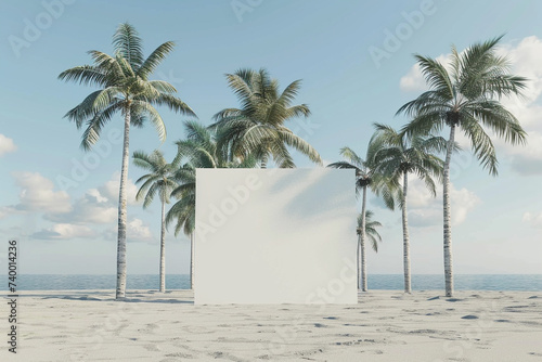 Leinwand Poster 3d render of a blank poster on a beach with palm trees swaying in the breeze